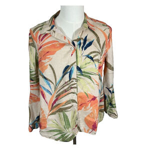 Chicos Shirt Womens 2 Large 12 Beige Multi Tropical Button Up Linen Roll Tab Top